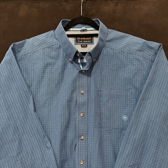 Ariat Pro Mens 2XL Shirt Blue Check Long Sleeve Western Rodeo Cowboy Ranch XXL - Picture 2 of 8